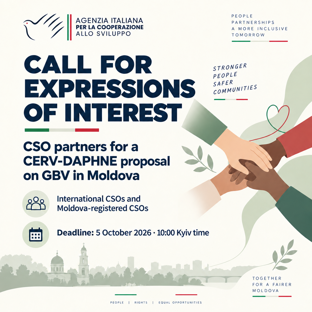 AICS Call for Expressions of Interest – Consortium partners for CERV-2026-DAPHNE Priority 1 (GBV/VAW, Republic of Moldova) Organisation: Italian Agency for Development Cooperation (AICS) – Kyiv Regional Office for Ukraine and Moldova Deadline: 5 October 2026, 10:00 (Kyiv time) Location: Republic of Moldova (possible extension to other CERV-eligible areas) Type: Partnership opportunity / Expression of Interest AICS is collecting expressions of interest from non-profit Civil Society Organisations to be selected as consortium partners for the preparation and possible implementation of a proposal under the EU CERV Programme, Call CERV-2026-DAPHNE – Priority 1: "Supporting intermediary organisations working in the fields of gender-based violence and violence against children." The initiative under consideration aims to strengthen the technical capacity and organisational sustainability of grassroots and women-led CSOs working on GBV/VAW in Moldova. It would combine a regranting mechanism with long-term capacity strengthening based on mentoring, coaching, peer learning and networking. The planned duration is 36 months, with a requested EU grant of EUR 1–2.5 million. Who can apply: non-profit CSOs legally established in Moldova, in an EU Member State or in another CERV-eligible country. Applicants need at least three years of recent experience in GBV/VAW and/or CSO capacity building, and prior experience with EU-funded projects. Two profiles are sought: international organisations with EU networks (Profile 1) and Moldovan-registered CSOs (Profile 2). How to apply: send Annex B and the supporting documents to segreteria.chisinau@aics.gov.it with the subject line "Expression of Interest – CERV-2026-DAPHNE – Priority 1_[acronym]". Full notice and annexes here